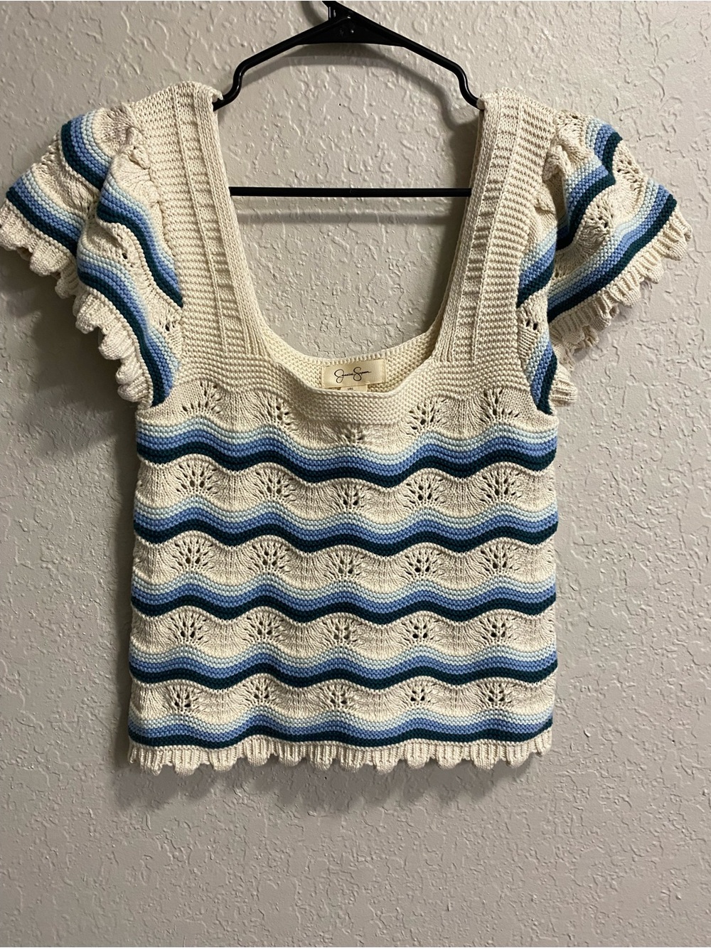 Jessica Simpson Cream & Blue Striped Crochet Scoop Neck Top